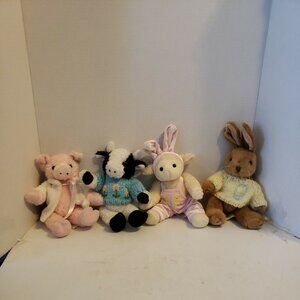 LOT OF 4 8"  chrisha playful PLUSH BLACK WHITE‎ COW , PIG, LAMB & BUNNY EUC